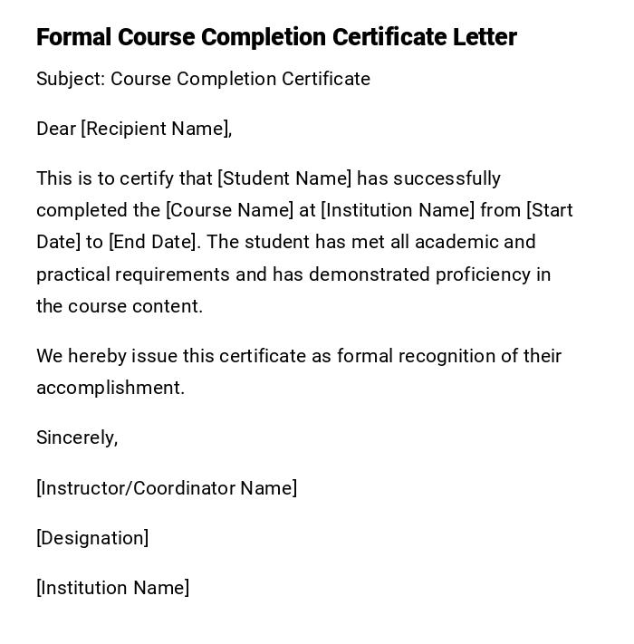Formal Course Completion Certificate Letter
