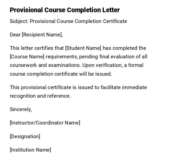 Provisional Course Completion Letter