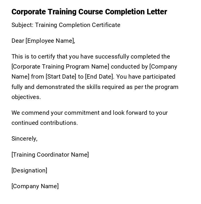 Corporate Training Course Completion Letter