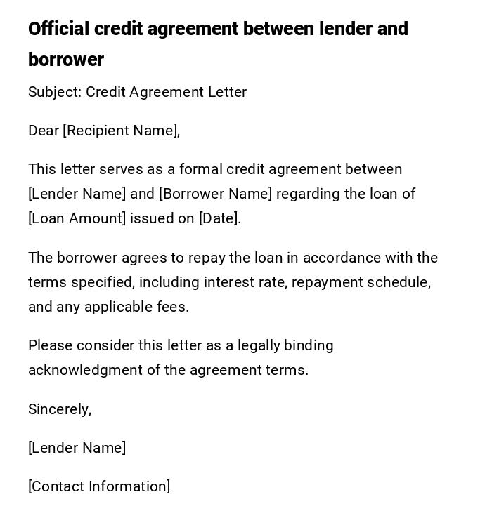 Official credit agreement between lender and borrower