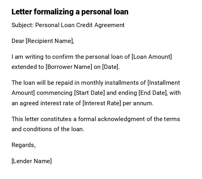 Letter formalizing a personal loan