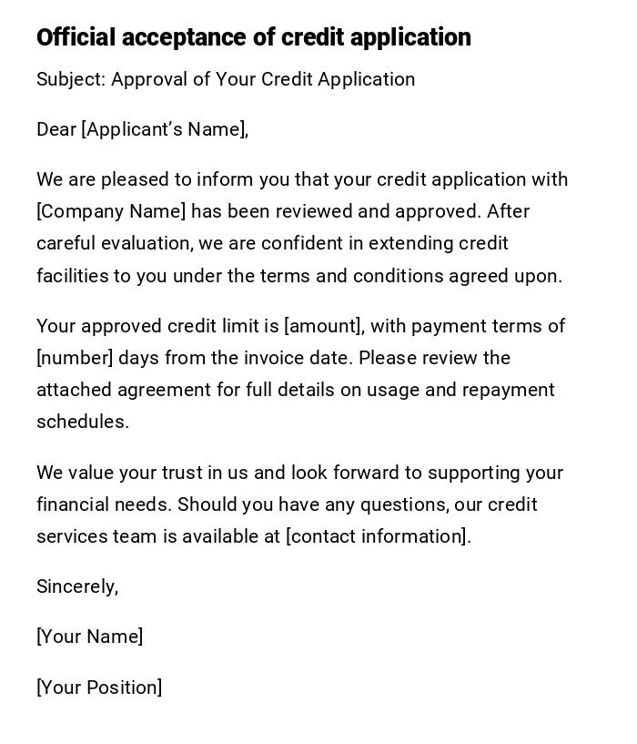 Official acceptance of credit application
