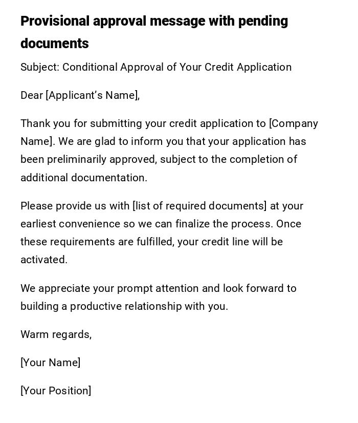 Provisional approval message with pending documents