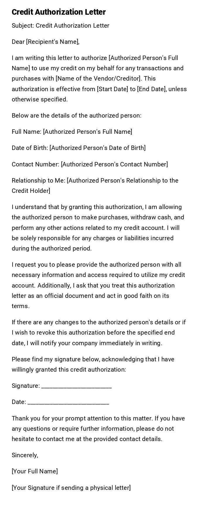 Credit Authorization Letter