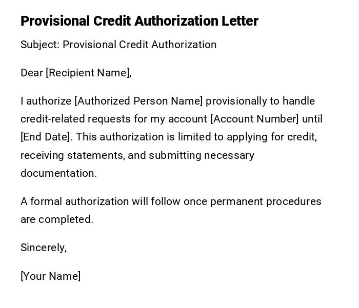 Provisional Credit Authorization Letter