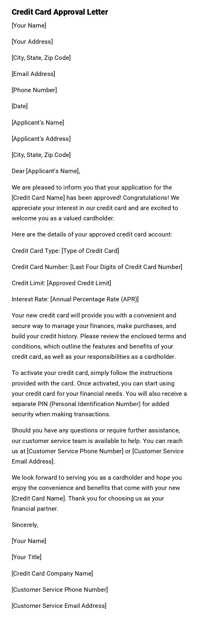 Credit Card Approval Letter Credit Card Approval Letter