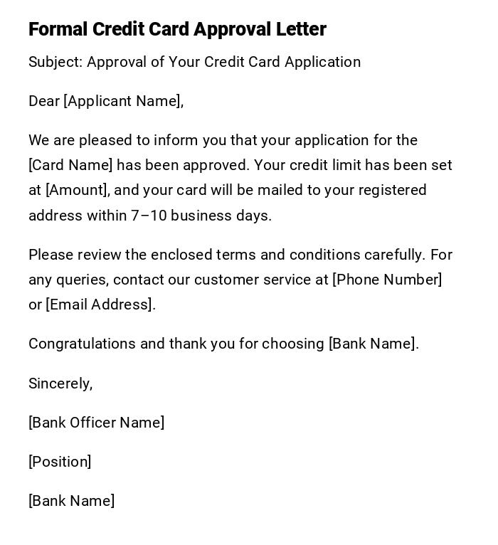 Formal Credit Card Approval Letter Formal Credit Card Approval Letter