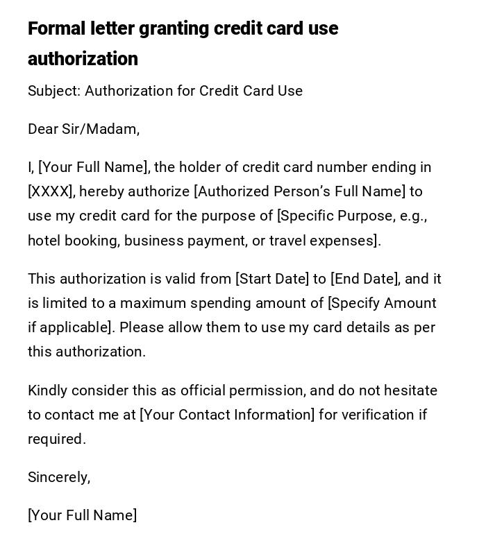 Formal letter granting credit card use authorization