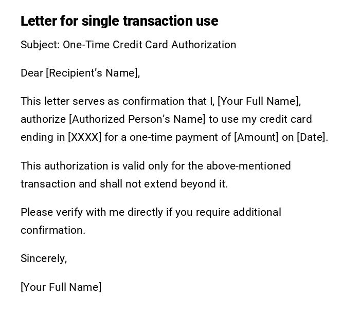 Letter for single transaction use