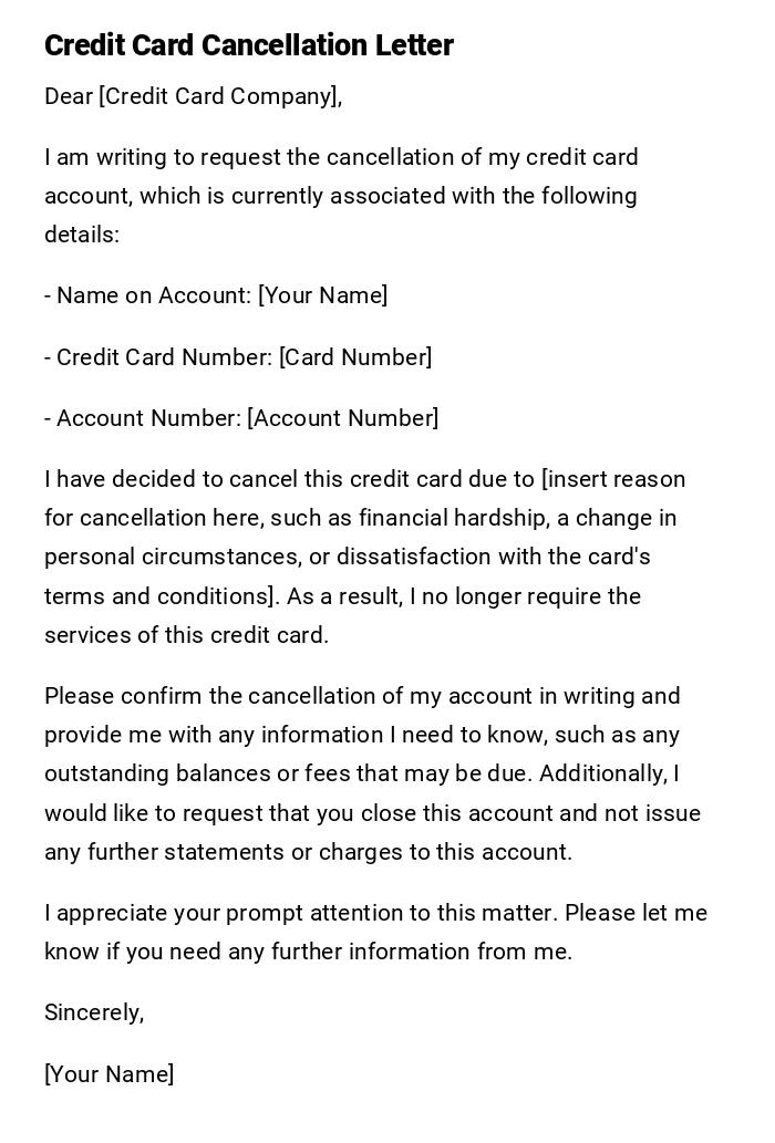 Credit Card Cancellation Letter