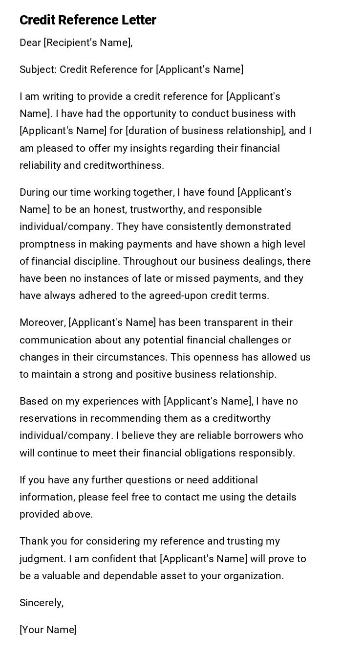 Credit Reference Letter