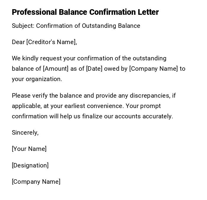 Professional Balance Confirmation Letter