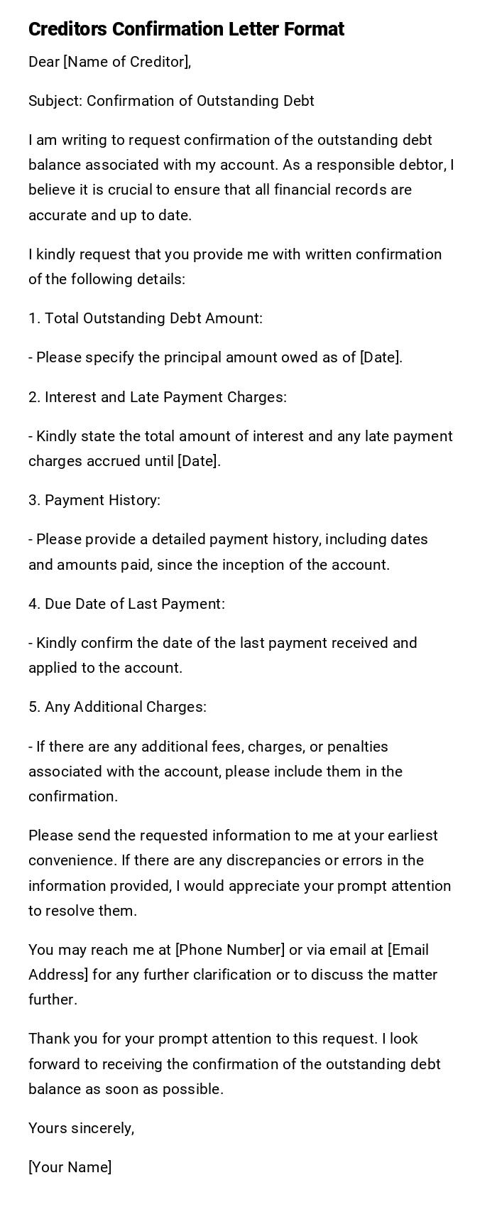 Creditors Confirmation Letter Format