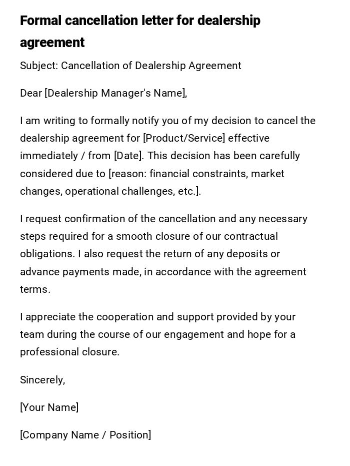 Formal cancellation letter for dealership agreement
