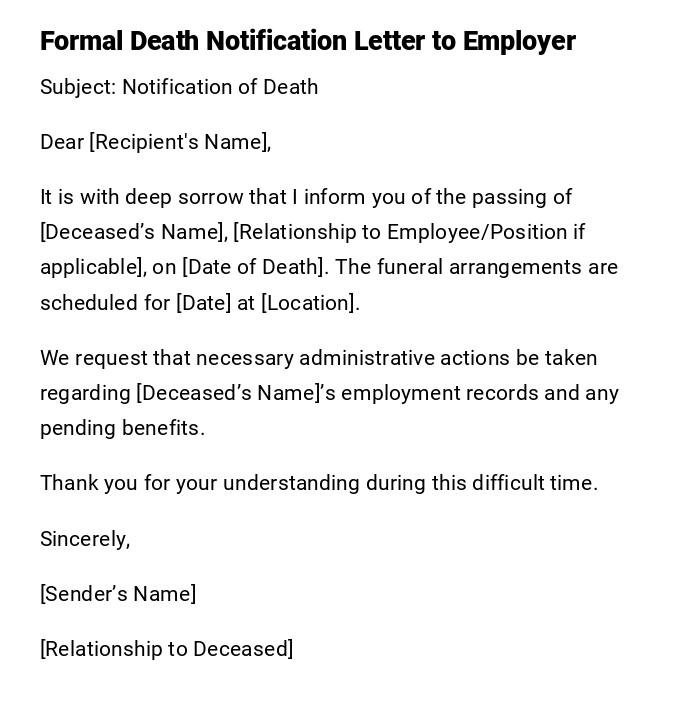 Formal Death Notification Letter to Employer