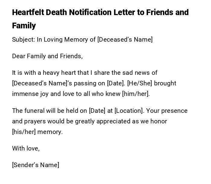 Heartfelt Death Notification Letter to Friends and Family