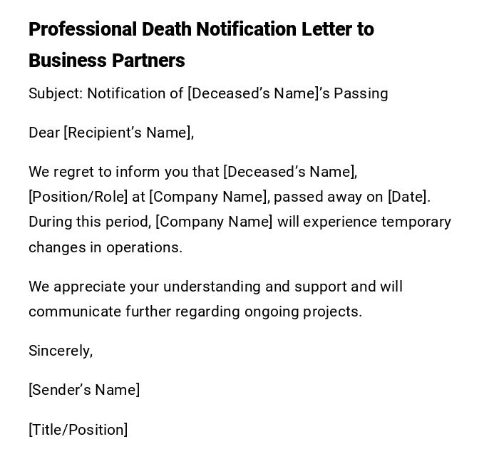 Professional Death Notification Letter to Business Partners