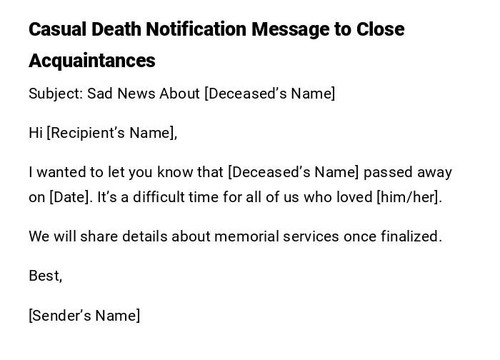 Casual Death Notification Message to Close Acquaintances