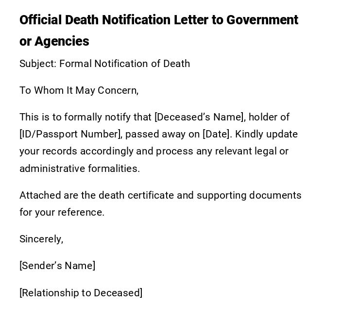 Official Death Notification Letter to Government or Agencies