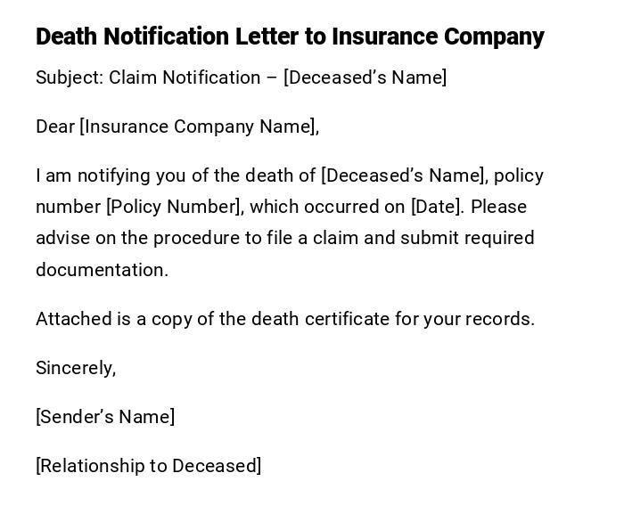 Death Notification Letter to Insurance Company