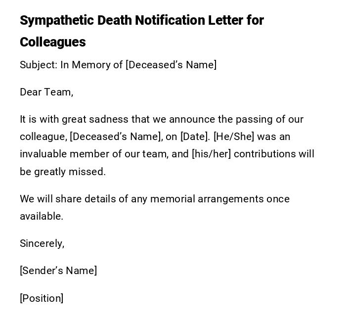 Sympathetic Death Notification Letter for Colleagues