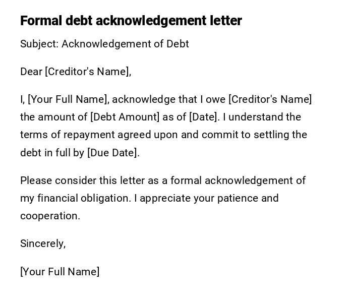 Formal debt acknowledgement letter