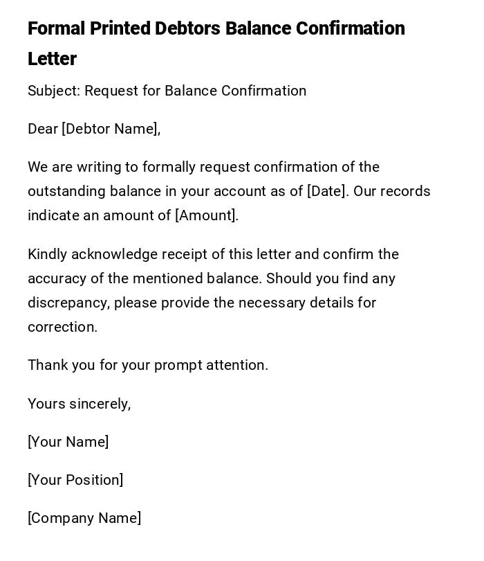 Formal Printed Debtors Balance Confirmation Letter