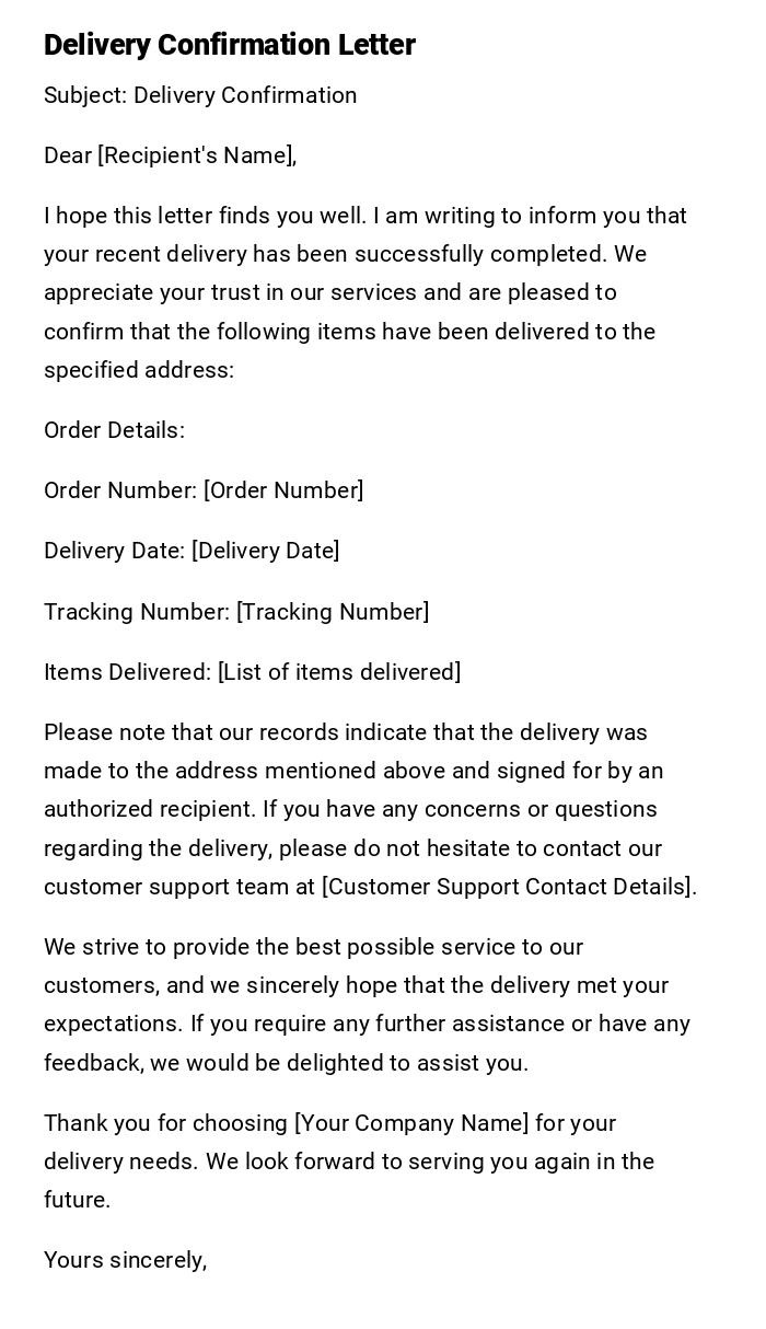 Delivery Confirmation Letter
