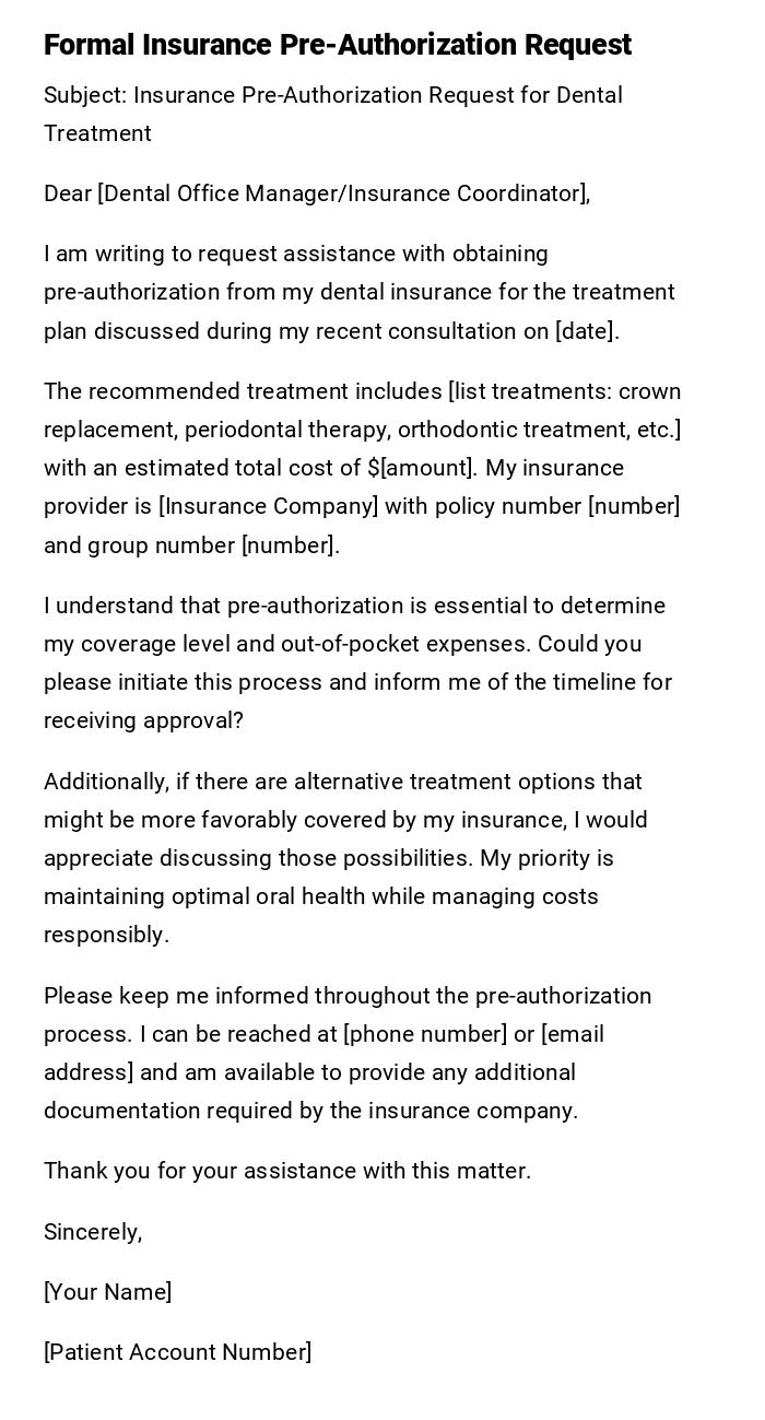 Formal Insurance Pre-Authorization Request