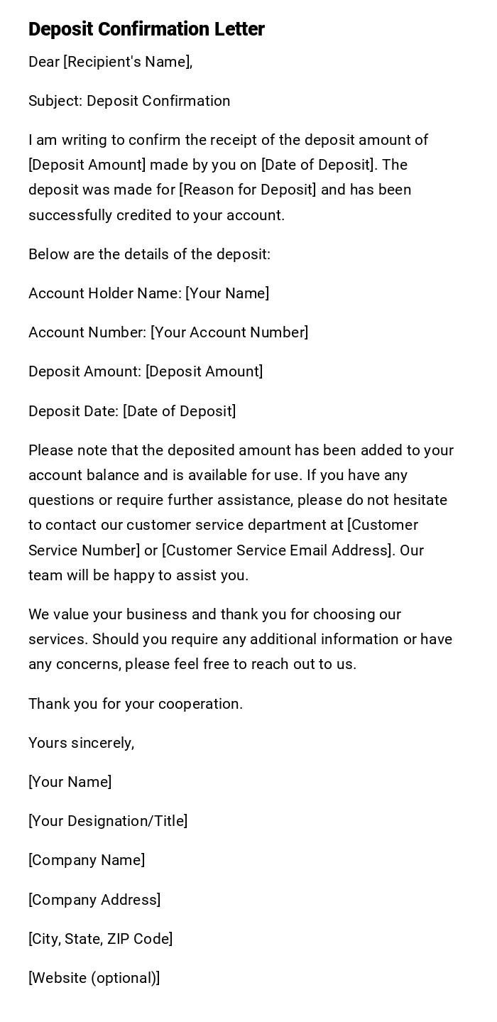 Deposit Confirmation Letter