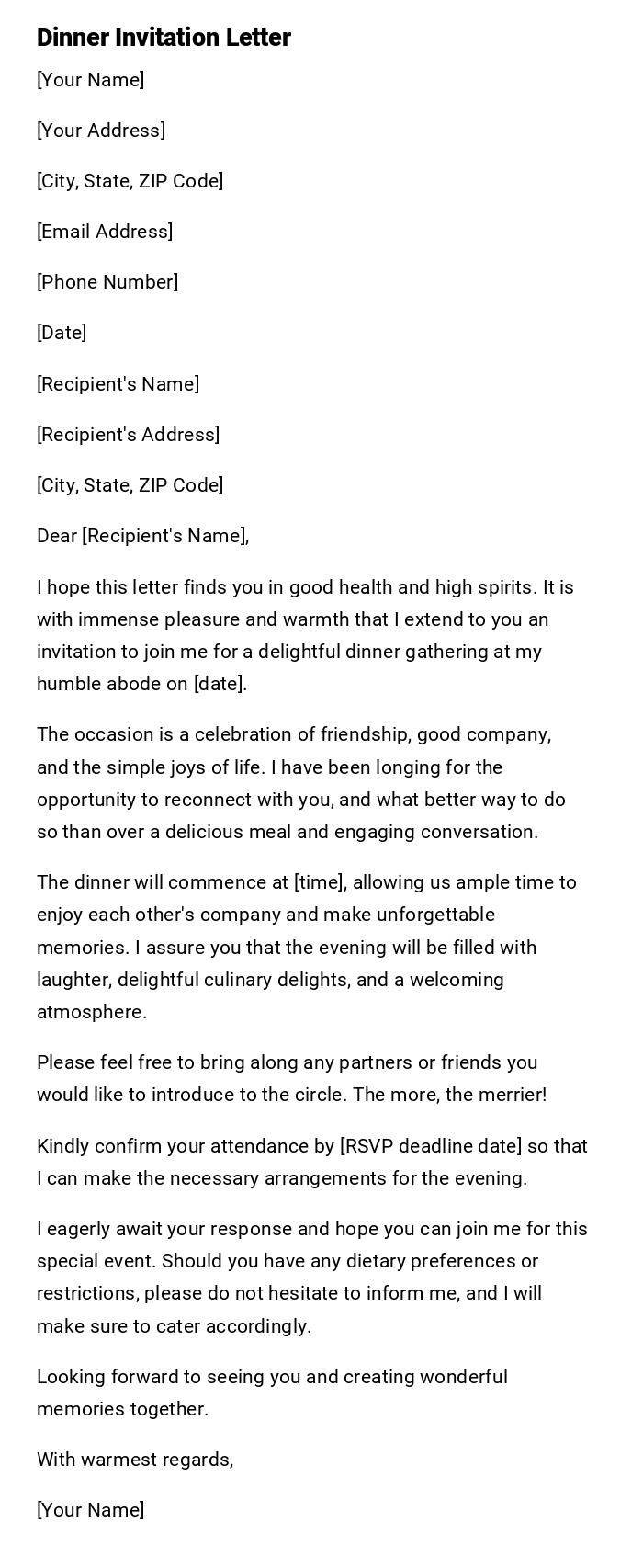 Dinner Invitation Letter Dinner Invitation Letter