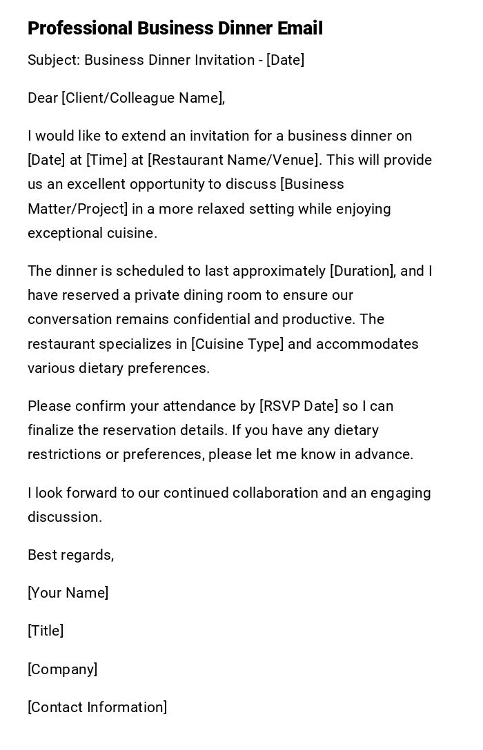Professional Business Dinner Email Professional Business Dinner Email