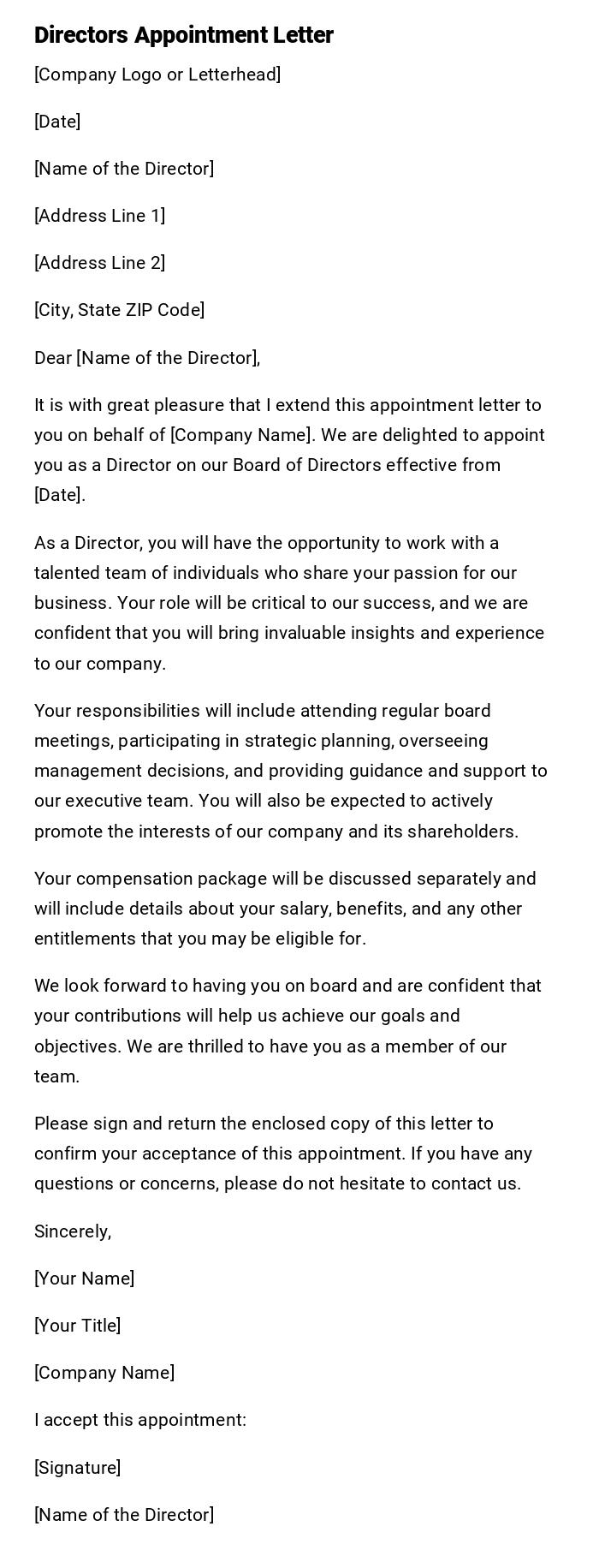Directors Appointment Letter Directors Appointment Letter