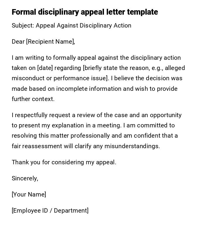 Formal disciplinary appeal letter template
