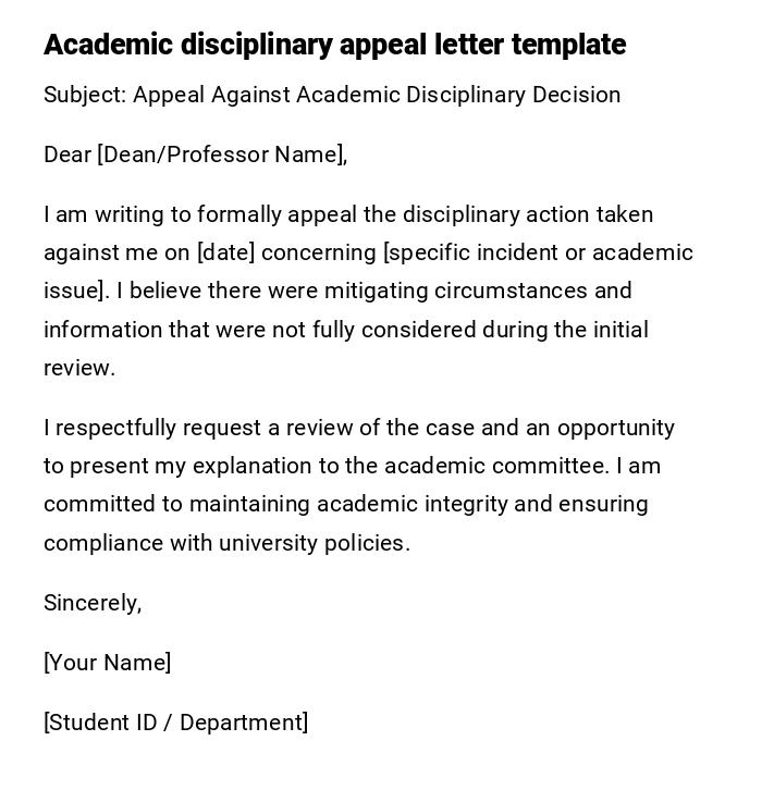 Academic disciplinary appeal letter template