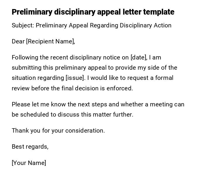 Preliminary disciplinary appeal letter template