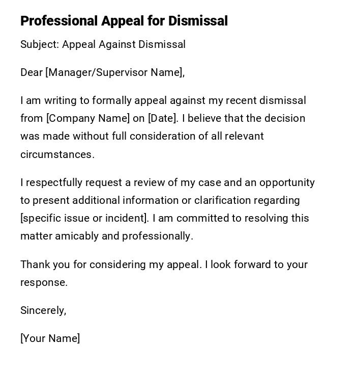 Professional Appeal for Dismissal