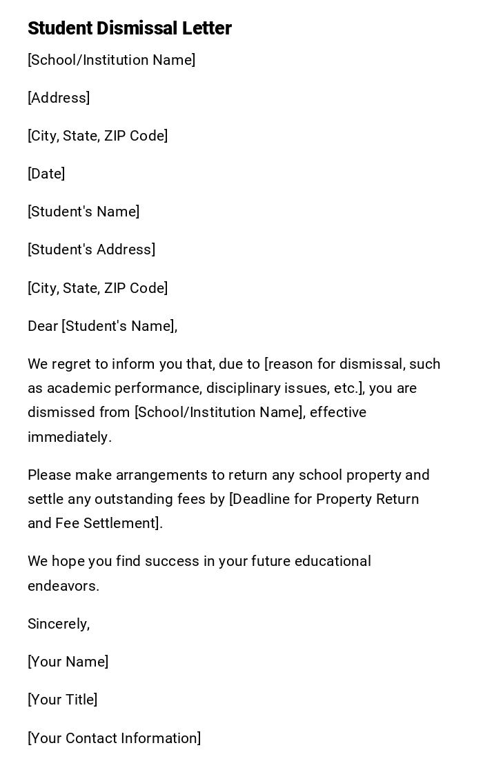 Student Dismissal Letter Student Dismissal Letter