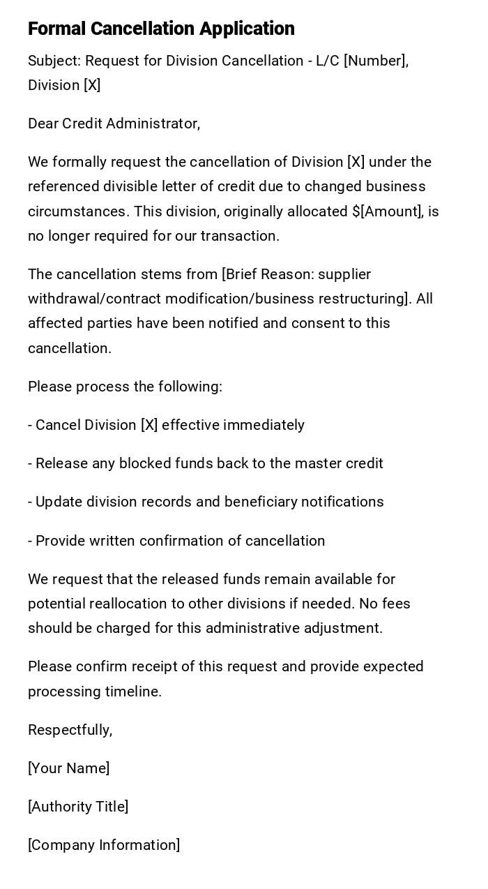 Formal Cancellation Application