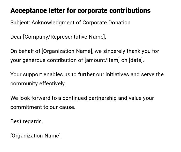 Acceptance letter for corporate contributions