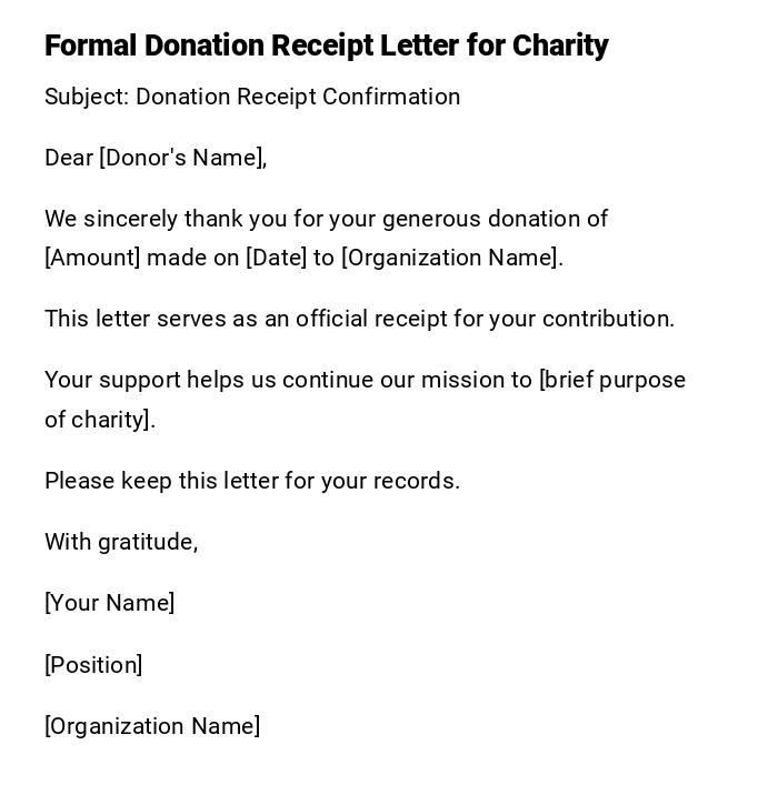Formal Donation Receipt Letter for Charity