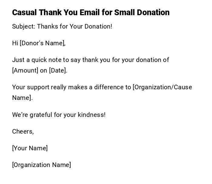 Casual Thank You Email for Small Donation