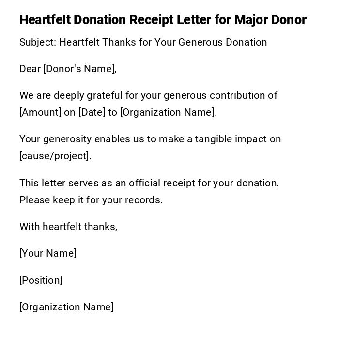Heartfelt Donation Receipt Letter for Major Donor