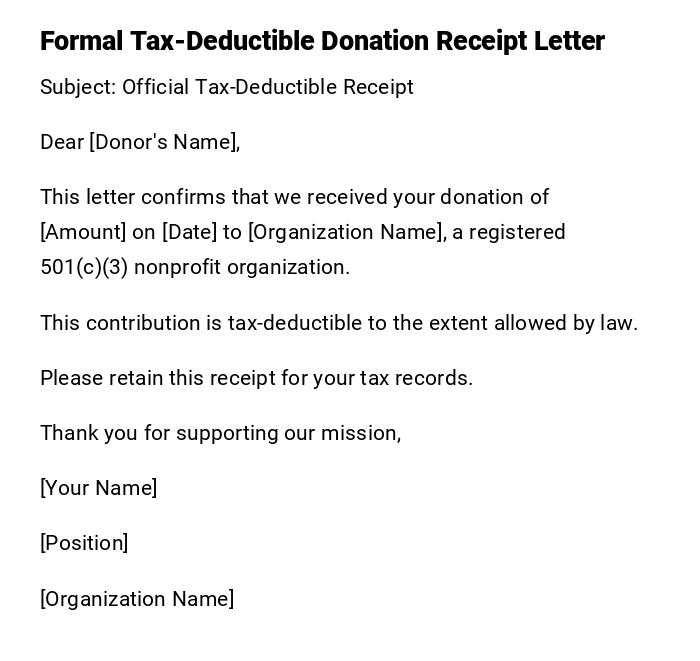 Formal Tax-Deductible Donation Receipt Letter