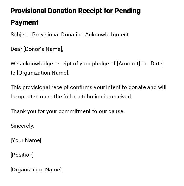 Provisional Donation Receipt for Pending Payment