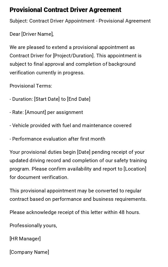 Provisional Contract Driver Agreement