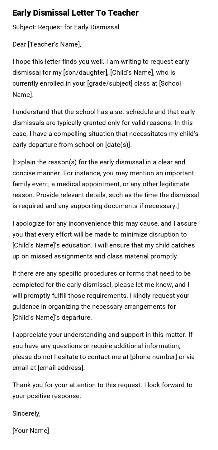 Early Dismissal Letter To Teacher