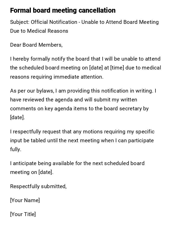 Formal board meeting cancellation