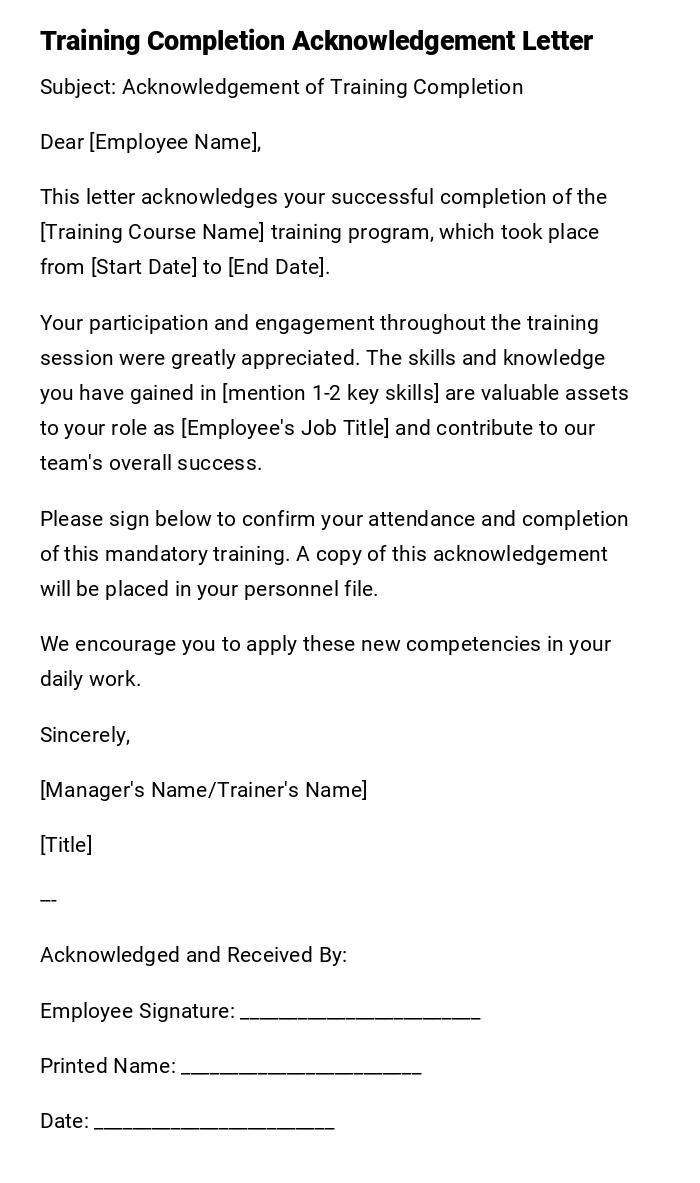 Training Completion Acknowledgement Letter Training Completion Acknowledgement Letter