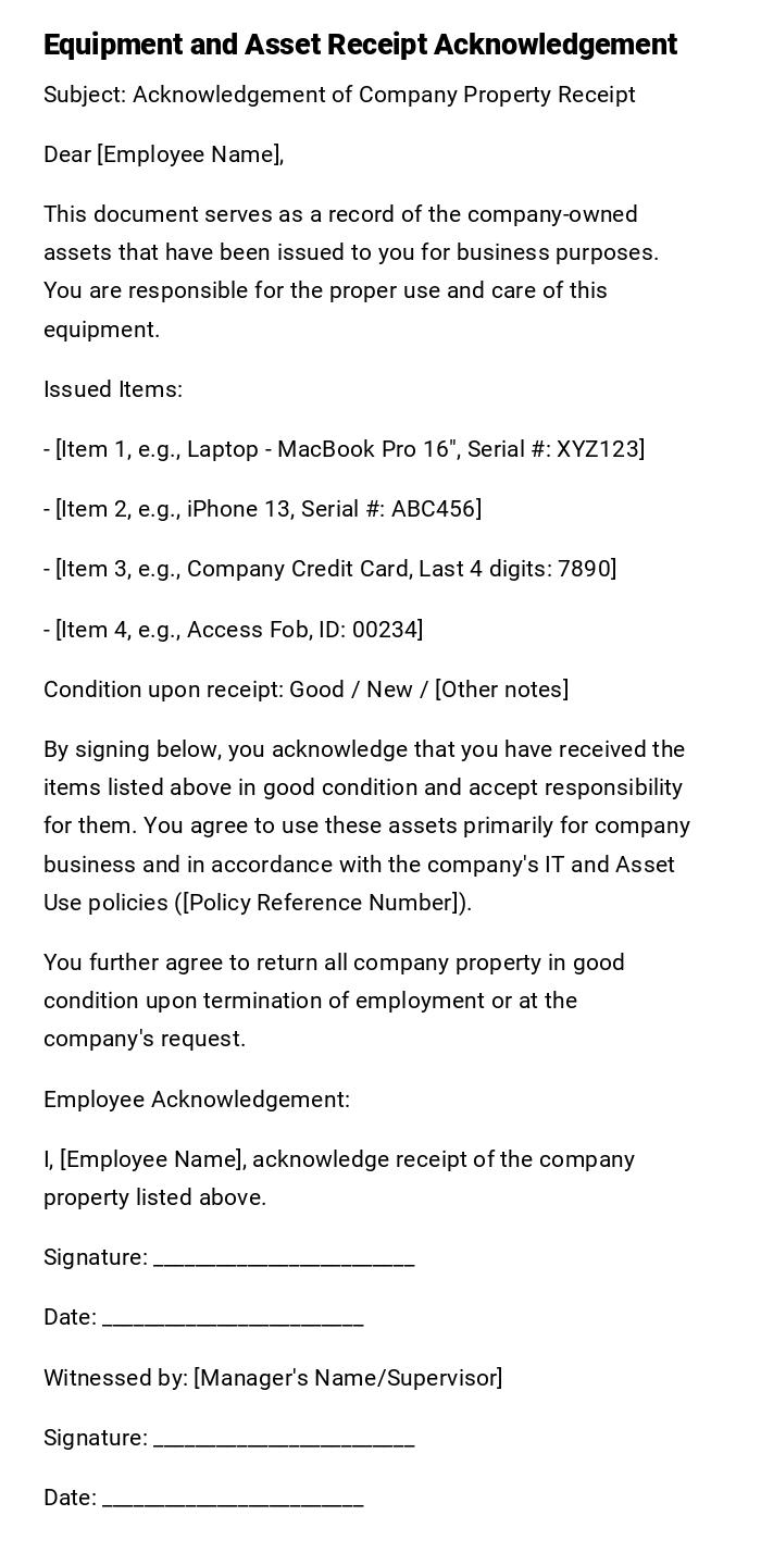 Equipment and Asset Receipt Acknowledgement Equipment and Asset Receipt Acknowledgement